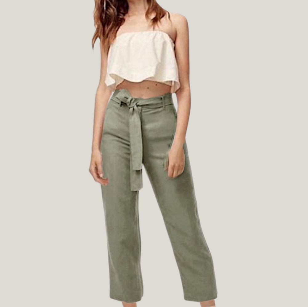 Premium Linen ARITZIA WILFRED "Jallade" Tie Waist Khaki Trousers In Sage Green
